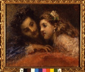 Attrazione (Vonzás), a férfi cinkos és megnyugtató módon hajlik a gyerek felé. Valószínűleg apa és lánya (szóbeszéd). Tranquillo Cremona (1837-1878) festménye, Galleria d