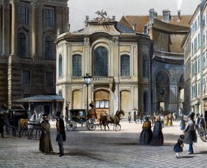 Burgtheater Bécsben Michaelerplatz Winterreitschule (téli lovasiskola) a jobb oldalon, Tranquillo Mollo (1767-1837), színes metszet, Ausztria alkotó: Tranquillo Mollo