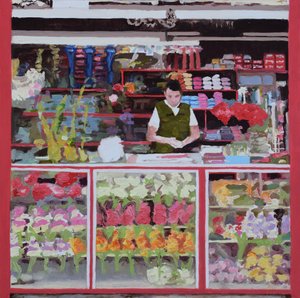 Virágstand (Bogotá, Kolumbia), 2016 (olaj, tábla) alkotó: Trevor Burgess
