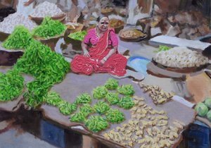 Chili és gyömbér árusítása (Thane, Mumbai), 2016 (olaj, vászon) alkotó: Trevor Burgess