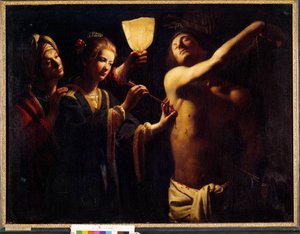 Szent Sebestyént Szent Irén Sebastian gyógyítja első vértanúhalála után, és özvegy Irén és szolgálólánya kezeli. Trophime Bigot Le Maitre a la Candelle néven ismert festménye (17. század). 1620-1630. Homályos. 1,29x1,7 m. Bordeaux, Szépművészeti Múzeum