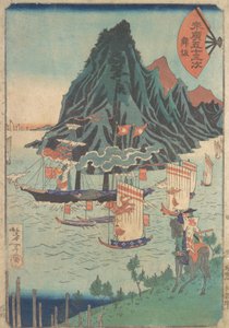 Suehiro 53 állomása: Harcos néz az elhaladó gőzhajóra, kb. 1865., alkotó: Tsukioka Yoshitoshi