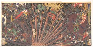 Masakiyos herausfordernde Schlacht, aus Taiheiki (Chronik des großen Friedens) alkotó: Tsukioka Yoshitoshi