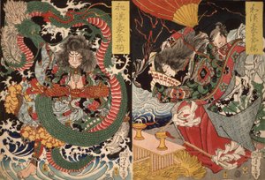Tawaraya Tda and a Dragon és Ono no Komachi Praying for Rain a Valor sorozatból Kínában és Japánban, 1868 (színes fatömbnyomat) alkotó: Tsukioka Yoshitoshi