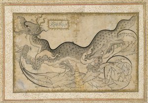 "Saz" stílusú rajz egy sárkányról lombok között, 1540-50 körül (tinta, átlátszatlan akvarell és arany papíron) alkotó: Turkish School