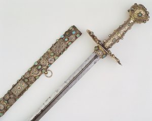 Kardmarkolat hüvelyrel (ezüst, acél és drágakövek)