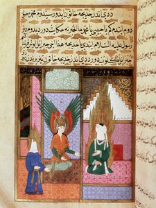 A Halál Angyala Mohamed prófétától (Muhammad vagy Mohamed) (570-632) (takart arccal) engedélyt kér, hogy elvegye feleségét, Khadija miniatűrt egy 18. századi kéziratból. Isztambuli Topkapi Múzeum