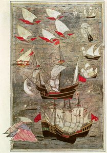 Tarik-y Bayezid oszmán flottája (tinta és aranylevél pergamen) alkotó: Turkish School