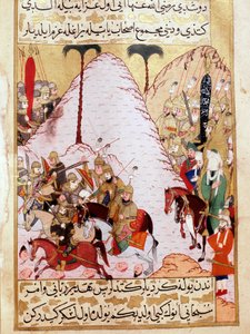 Mohamed próféta (Muhammad vagy Mohamed) (570-632) (arcát eltakarva) Mekka ostroma alatt. A 18. századi török miniatűr Topkapi palota Isztambul Törökország alkotó: Turkish School