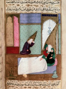 Mohamed próféta (Muhammad vagy Mohamed) (570-632) (takart arccal) halálakor elveszi családjától a 18. századi perzsa miniatűrt. Musee Topkapi Istanbul Törökország