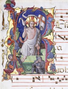 Nagyon nagy történeti "A" betű, amely a feltámadást mutatja, 1400-1450 körül alkotó: Tuscan School