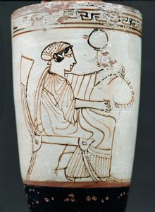 Koszorút font nőt ábrázoló tetőtéri fehér földi lekythos, ie 475-420 körül (kerámia) alkotó: Tymbos Painter