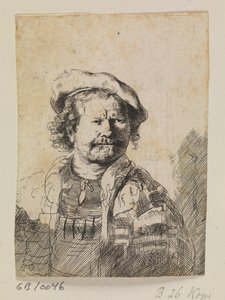 Rembrandt lapos sapkában és hímzett ruhában alkotó: Ubekendt efter Rembrandt