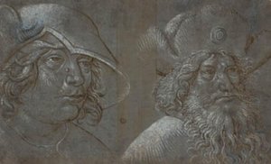 Két férfi fej háromnegyed profilban jobbra, mindkettő feltűnő sapkát visel. alkotó: Ubekendt tysk nederlandsk ca. 1500
