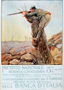 Első világháború: olasz plakát, amely a nemzeti kölcsönzésre buzdít. Ugo Finozzi illusztrációja (20. század). 1914-1918 Figyelem! A mű felhasználása harmadik féltől engedélykéréshez vagy további díjak megfizetéséhez köthető alkotó: Ugo Finozzi