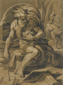 Diogenész, hordója előtt ülve, könyvből olvas, megkopasztott tyúk áll..., kb. 1527-30.