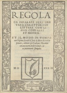 Szabály, hogy tanuljunk meg különféle betűket írni iránytűjével és mértékeivel: és a tollak temperálásának módja... alkotó: Ugo da Carpi, Ludovico Arrighi