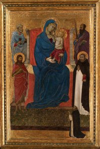 Szűz és gyermek trónol Szent Péterrel, Pállal, Keresztelő Jánossal, Domonkossal és egy domonkossal... alkotó: Ugolino da Siena