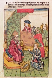 Luxemburgi Zsigmond császár (1367-1437) fogadja magyar alattvalói hódolatát, 1483, (színes fametszet) (lásd még 316982)