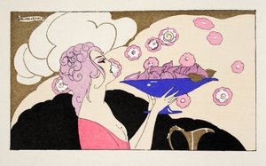 Nő a kezében egy tál fügével (pochoir print) alkotó: Umberto Brunelleschi