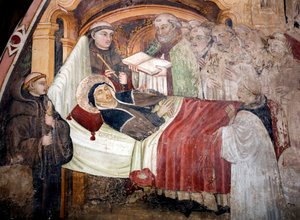 Szent Scolasticus halála (480-543), Nursie-i Szent Benedek testvére. Bencés szerzetesek veszik körül. Az umbriai iskola freskója a 15. századból. Szent Benedetto kolostor (Sacro Speco), Subiaco (Róma), Olaszország