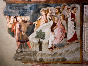 Menekülés az apostoloktól. Részlet. Az umbriai iskola freskója a 15. századból. Felsőbbrendű templom. Szent Benedetto kolostor (Sacro Speco), Subiaco (Róma), Olaszország