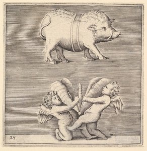 Egy öves malac és két Ámor vagy zseni pillangóval vagy lepkével, megjelent kb. 1599-1622. alkotó: Unbekannt
