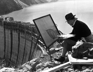 Egy linzi művész a Limbergi gátat festi, Ausztria, 1947-1951 alkotó: Unbekannt