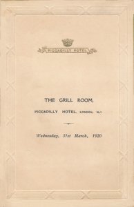 A Piccadilly Hotel grilltermének menüje, London, 1920 alkotó: Unbekannt