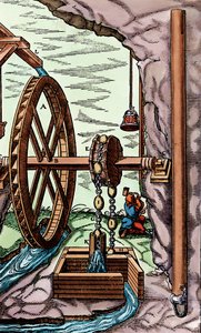 Egy bánya, amelyet túllőtt vízkerékkel hajtott láncos szivattyú ürít, 1556 alkotó: Unbekannt