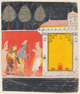 Egy oldal egy Ramayana-ból: Rama, Lakshman és Sita éjszakai jelenete a rishi előtt..., c. 1650. alkotó: Unbekannt