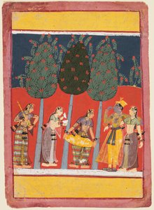 Egy oldal egy Rasikapriya sorozatból: Krishna és Radha és a Sakhis hangszerekkel, c. 1650 alkotó: Unbekannt