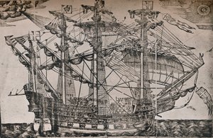 Egy fametszet egy hajóról, amelyről úgy tartják, hogy The Ark Royal, c1587 alkotó: Unbekannt