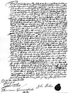 Megállapodás John Milton és Samuel Symons nyomdász között a „Paradise Lost” szerzői jogának eladásáról, április 27. alkotó: Unbekannt