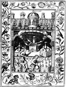 Különféle kemencéket és edényeket bemutató alkímiai laboratórium, 1652 alkotó: Unbekannt