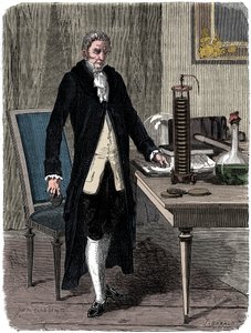 Alessandro Volta olasz fizikus bemutatja az elektromos cölöp akkumulátorát, c1800 c1870 alkotó: Unbekannt