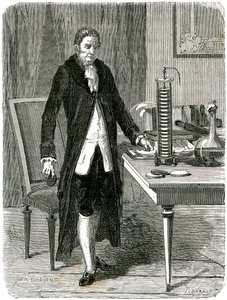 Alessandro Volta olasz fizikus bemutatja az elektromos cölöp akkumulátorát, c1800 c1870 alkotó: Unbekannt