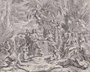 A festészet allegóriája, aki gyerekként a bal középen táblára rajzol, surrou..., 1650-1700. alkotó: Unbekannt