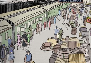 Egy 1930-as évekbeli vasútállomás illusztrációja, 1937 alkotó: Unbekannt