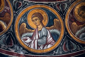 Angyalmedallion Krisztus és az utolsó ítélet körül Az Asinou-templom Narthex-boltozatának bizánci freskójának részlete Utolsó ítélet jelenete 14. század (1332) UNESCO, a kulturális világörökség része, Troodos régió, Ciprus alkotó: Unbekannt