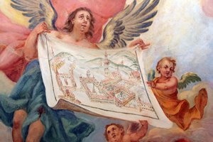 Angyal kezében a heiligenkreuzi apátság terve. Heiligenkreuzi apátság, Bécs, Ausztria alkotó: Unbekannt