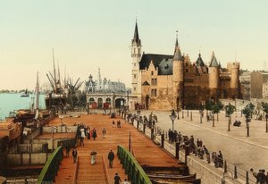 Antwerpen (Anvers). Kilátás a régi kastélyra (Het Steen) a kikötőre. 1900 körül alkotó: Unbekannt