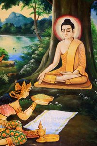 Az aszkéta Buddhát egy tál tejes-rizses étellel kínálta meg Nandabala megvilágosodása reggelén. Sákjamuni Buddha élettörténetét ábrázoló festmény. Wat Ong Teu Mahawihan. Nehéz Bouddha temploma. Ventiane. Laosz, 20151028, Vientiane, Laosz alkotó: Unbekannt