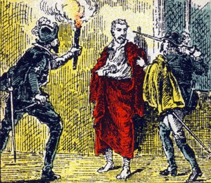 Gaspard de Coligny meggyilkolása a Saint Barthelemy-i mészárlások során, egy denomme Besme által 1572. augusztus 24-én. Metszet a „Histoire de France”-ban. Reklámképsorozat Louit nevében, 24 rue d