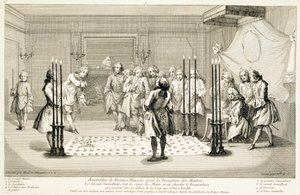Szabadkőművesek gyűlése mester beavatása előtt, 1733 alkotó: Unbekannt
