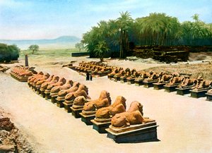 A kosfejű szfinxek sugárútja, Amun-Re temploma, Karnak, Luxor, Egyiptom, XX. század alkotó: Unbekannt