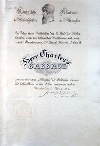 Babbage diploma a Müncheni Királyi Tudományos Akadémiától alkotó: Unbekannt