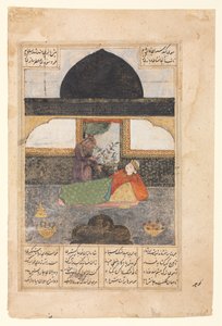 Bahram Gur meglátogatja India hercegnőjét a fekete pavilonban, illusztráció és szöveg... rectoc. 140 alkotó: Unbekannt