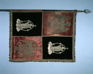 Banner spanyol királyi karokkal, Madonnával és gyermekével, 1500-as évek. alkotó: Unbekannt