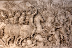 Szent Dénes-bazilika, Ferenc 1 francia király és Claude Franciaország sírja, Alapítvány alacsony domborműve, Cerisoles-i csata ábrázolása, itt a francia lovasság a császári csapatokkal szemben, Saint-Denis, Franciaország alkotó: Unbekannt